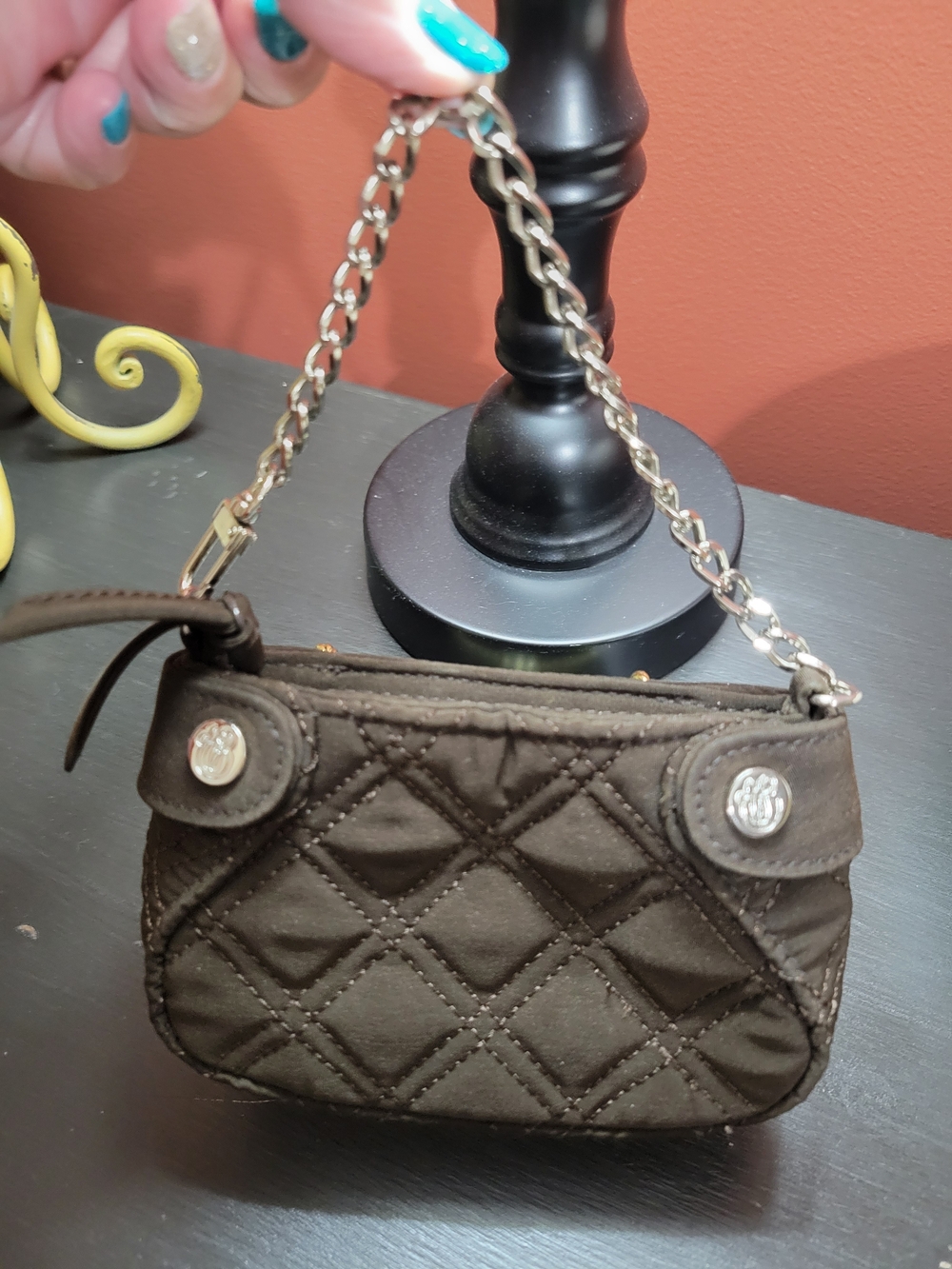 Vera Bradley Quilted Mini Wristlet in Brown with Silver Chain